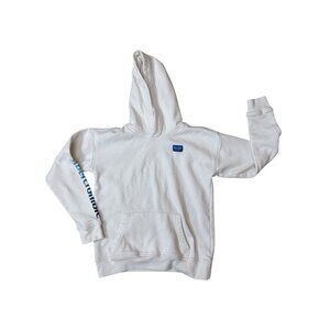 Abercrombie Youth White Hoodie Relaxed Fit 13/14 Blue Logo Spellout Beachy Cabin